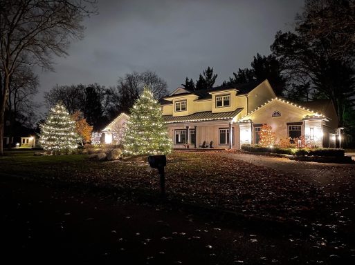 A beautifully lit house with decorated Christmas trees in a serene night setting.